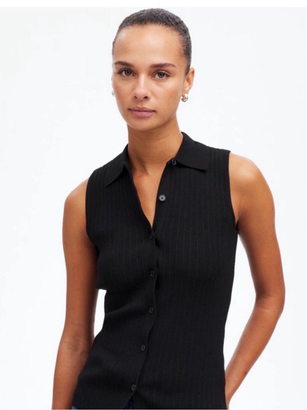 Madewell Sleeveless Ribbed Button-Front Top - Black